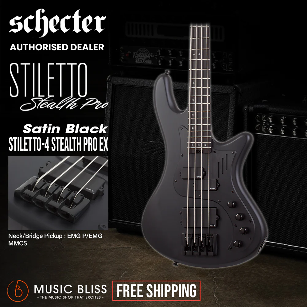 Schecter Stiletto-4 Stealth Pro Ex Electric Bass Guitar - Satin Black