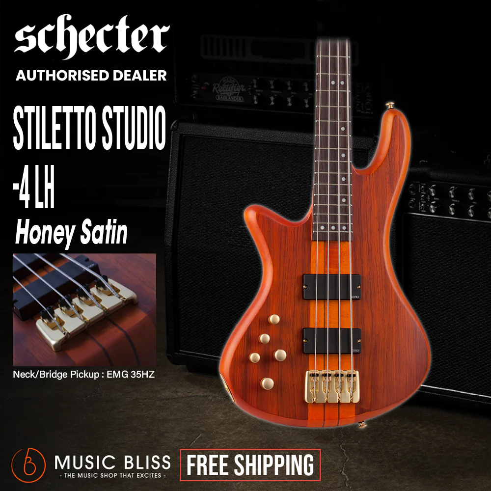 Schecter Stiletto Studio-4 Left-Handed Electric Bass Guitar - Honey Satin