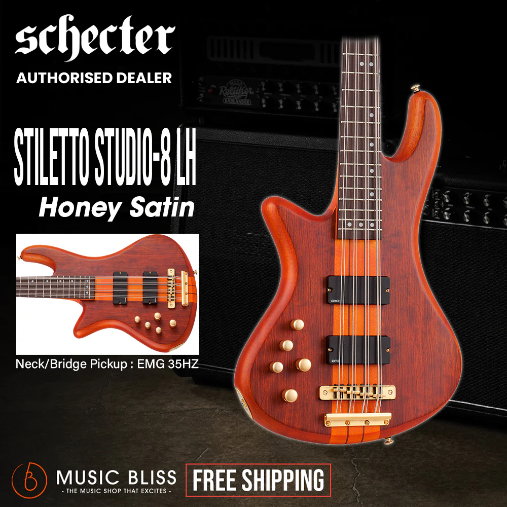 Schecter Stiletto Studio-8 Left-Handed Electric Bass Guitar - Honey Satin