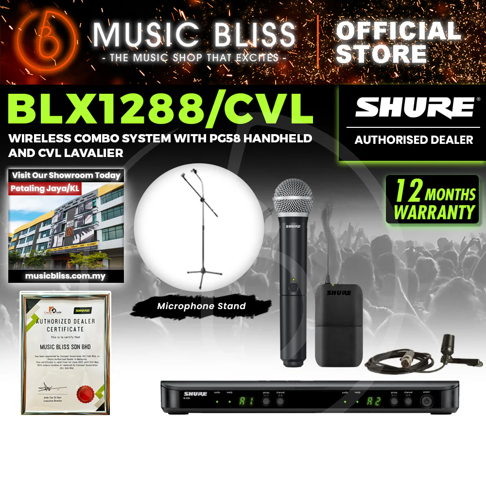 Shure BLX1288/CVL Dual Channel Combo Wireless System, BLX88 Receiver, BLX1 Bodypack Transmitter, BLX2/PG58 Handheld Cardioid Dynamic Mic & CVL Cardioid Condenser Lavalier Mic - Image 2