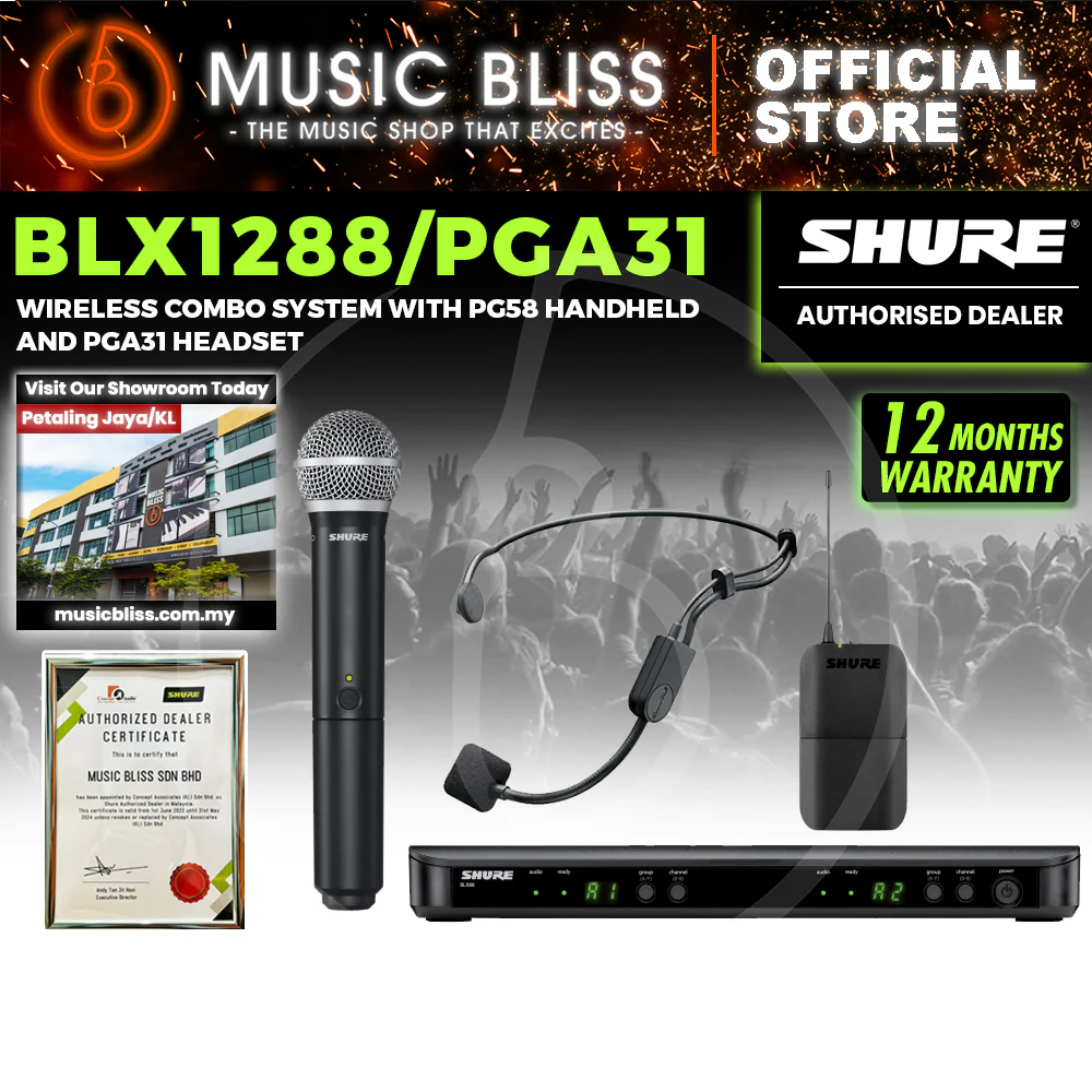 Shure BLX1288/P31 Dual Channel Combo Wireless System, BLX88 Receiver, BLX1 Bodypack Transmitter, BLX2/PG58 Handheld Cardioid Dynamic Mic & PG31 Cardioid Condenser Headset Mic