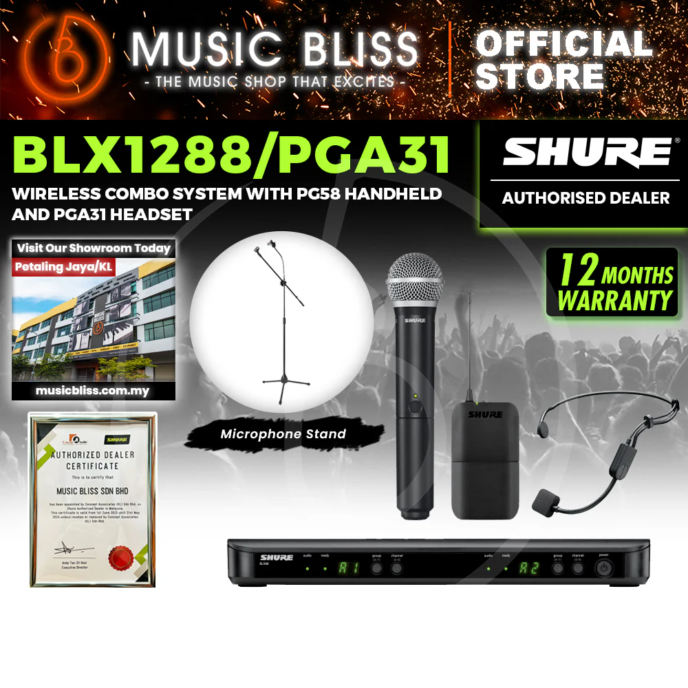 Shure BLX1288/P31 Dual Channel Combo Wireless System, BLX88 Receiver, BLX1 Bodypack Transmitter, BLX2/PG58 Handheld Cardioid Dynamic Mic & PG31 Cardioid Condenser Headset Mic - Image 2