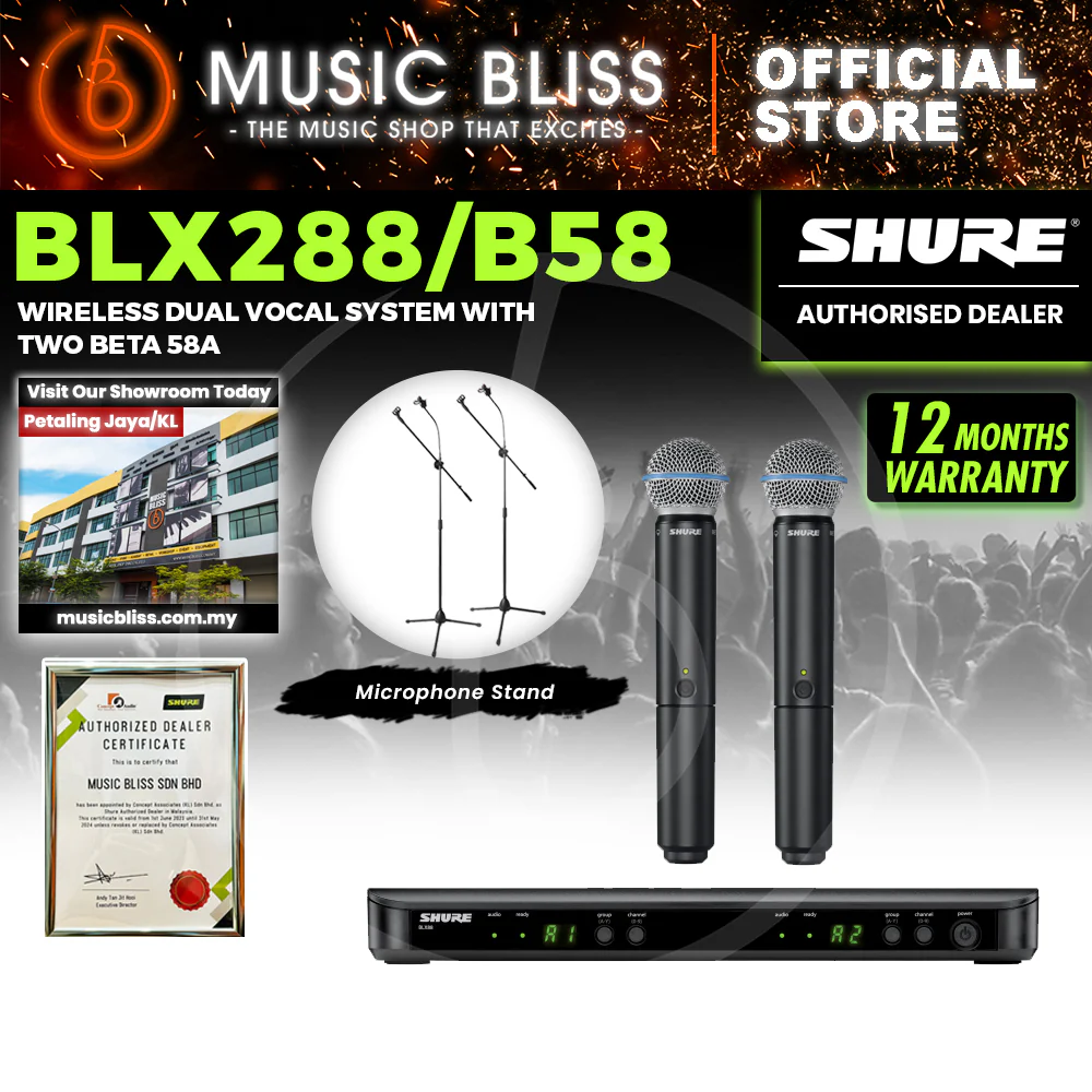 Shure BLX288/B58 Dual Channel Handheld Wireless Microphone System, BLX88 Receiver & (2) BLX2/B58 Handheld Transmitters - Image 2