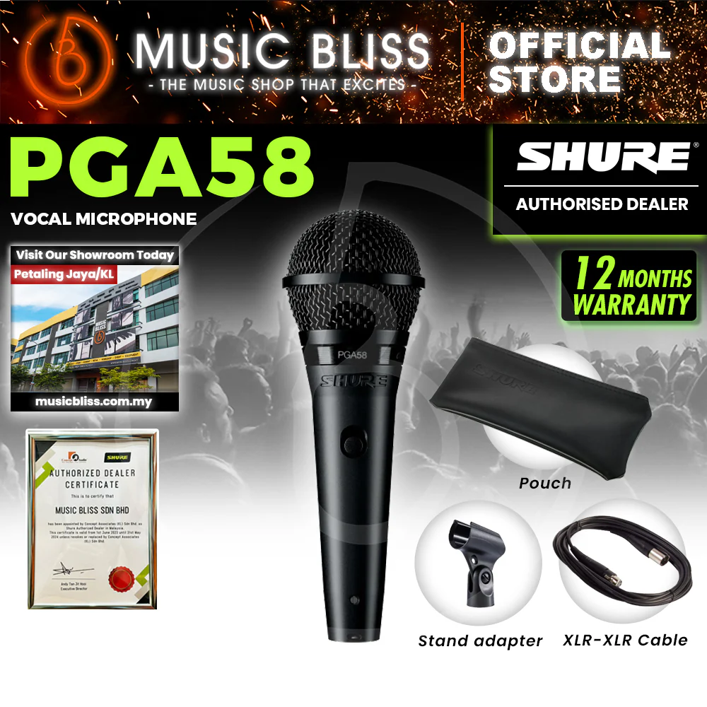 Shure PGA58-XLR Cardioid Dynamic Vocal Microphone, XLR-XLR Cable