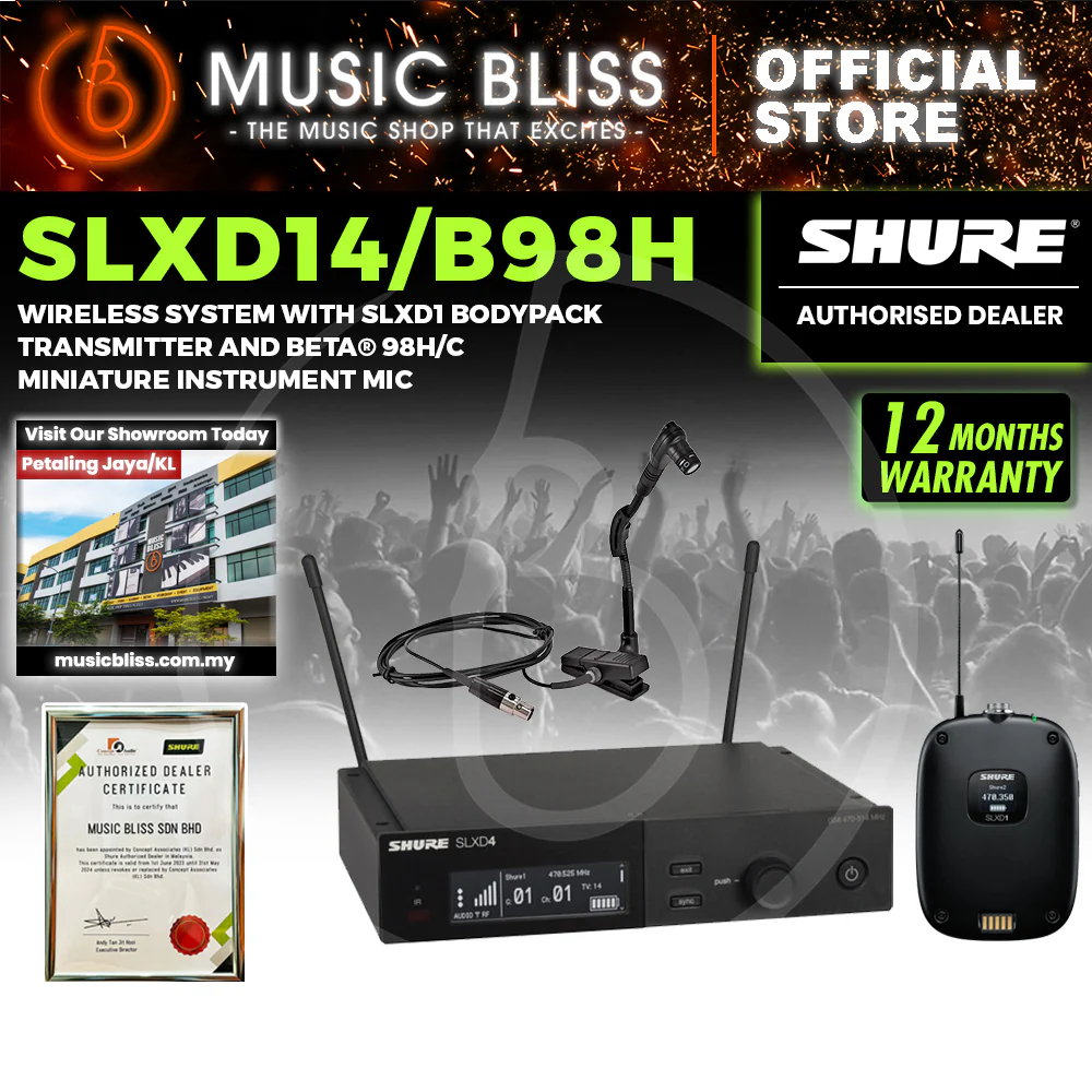 Shure SLXD14/B98H Wireless Instrument Microphone System with SLXD1 Bodypack Transmitter, Beta 98H Instrument Microphone