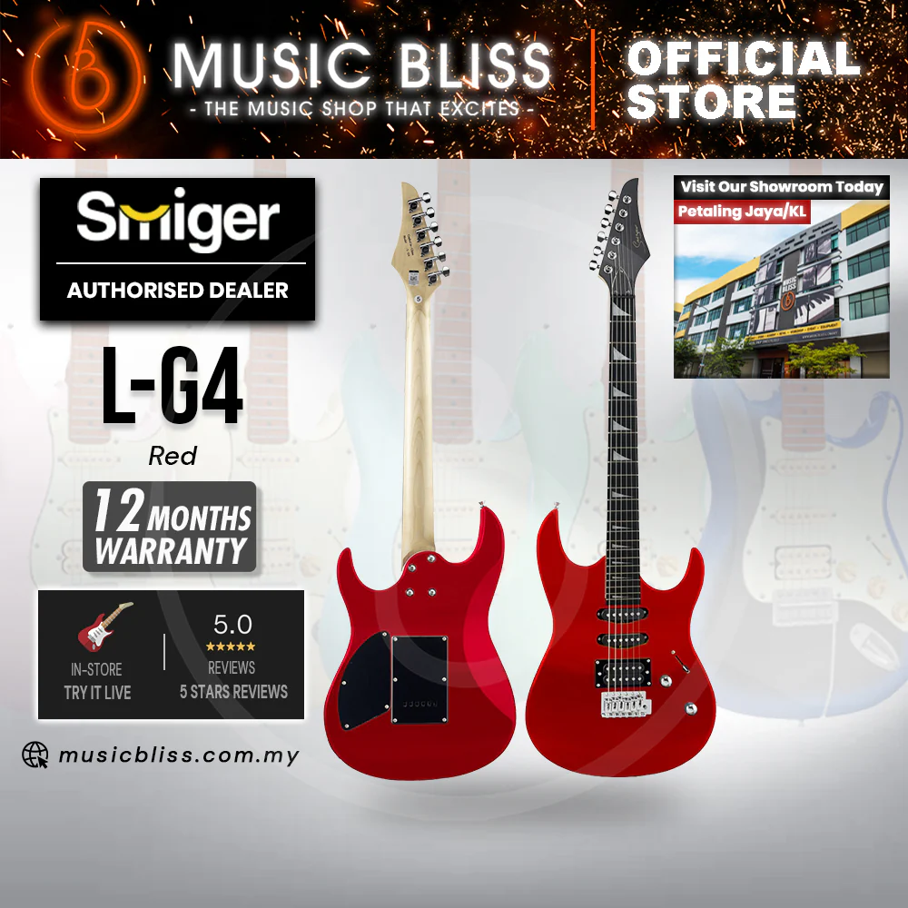 Smiger L-G4-MRD Budget Beginner Electric Guitar - HSS Superstrat Style Red for Rock Kapak