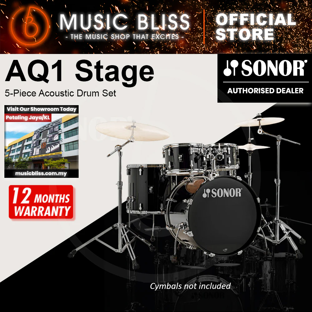 Sonor AQ1 Stage 5-Piece Acoustic Drum Set with Hardware - 22 Inch Bass Drum - Piano Black