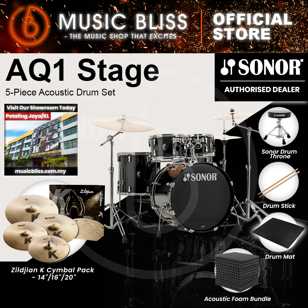 Sonor AQ1 Stage 5-Piece Acoustic Drum Set with Hardware - 22 Inch Bass Drum - Piano Black - Image 10