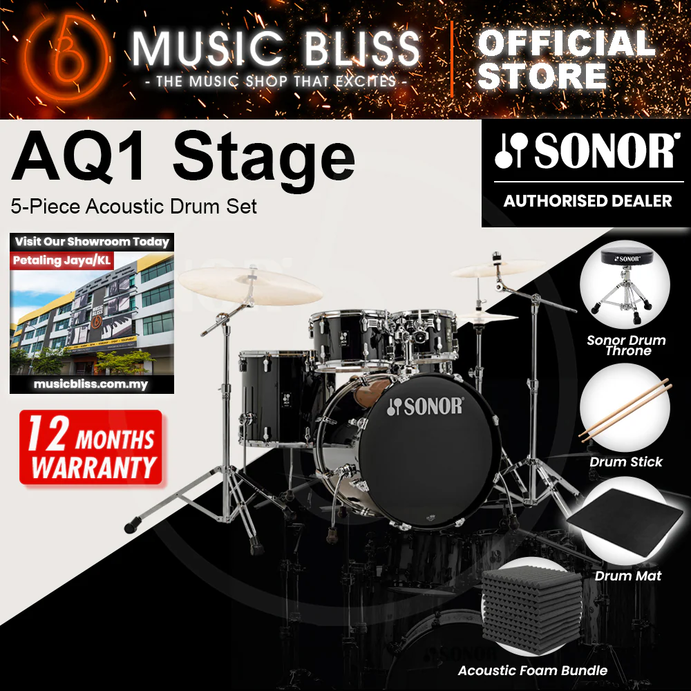 Sonor AQ1 Stage 5-Piece Acoustic Drum Set with Hardware - 22 Inch Bass Drum - Piano Black - Image 4
