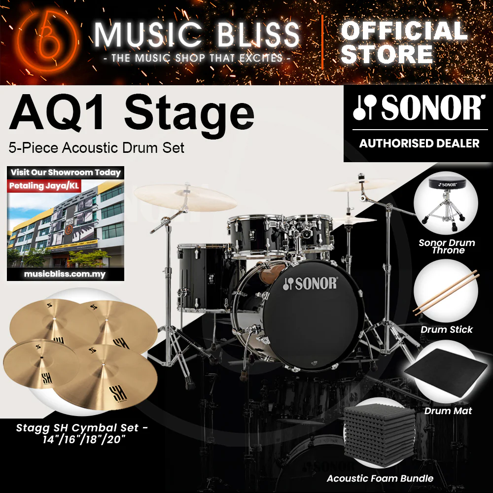 Sonor AQ1 Stage 5-Piece Acoustic Drum Set with Hardware - 22 Inch Bass Drum - Piano Black - Image 5