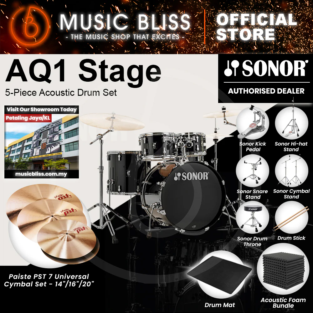 Sonor AQ1 Stage 5-Piece Acoustic Drum Set with Hardware - 22 Inch Bass Drum - Piano Black - Image 6