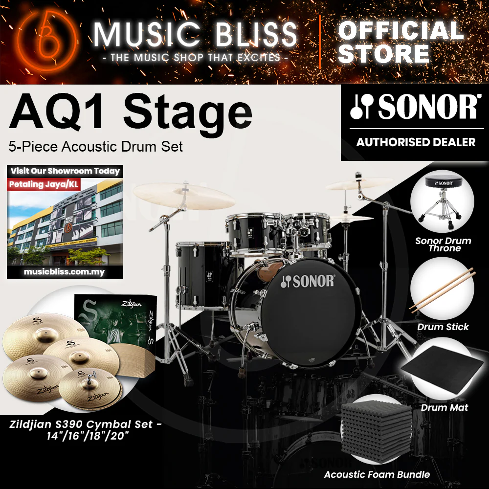 Sonor AQ1 Stage 5-Piece Acoustic Drum Set with Hardware - 22 Inch Bass Drum - Piano Black - Image 7