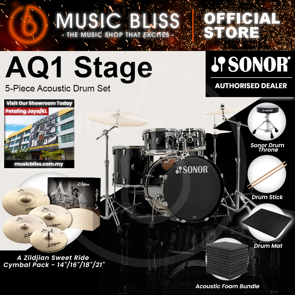 Sonor AQ1 Stage 5-Piece Acoustic Drum Set with Hardware - 22 Inch Bass Drum - Piano Black - Image 8