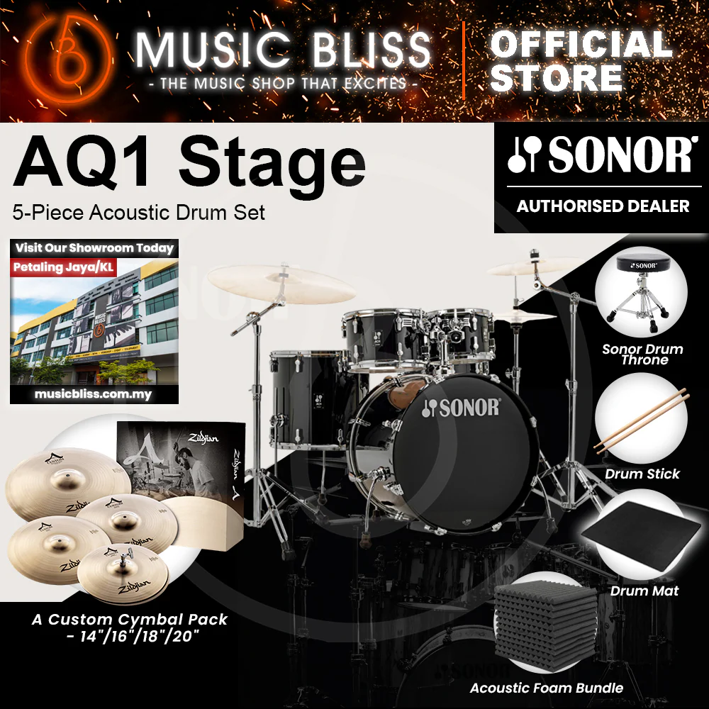 Sonor AQ1 Stage 5-Piece Acoustic Drum Set with Hardware - 22 Inch Bass Drum - Piano Black - Image 9