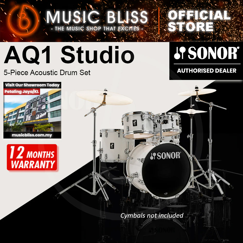 Sonor AQ1 Studio 5-Piece Acoustic Drum Set with Hardware - 20 Inch Bass Drum - Piano White