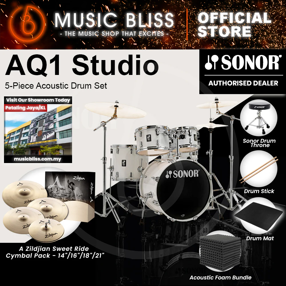 Sonor AQ1 Studio 5-Piece Acoustic Drum Set with Hardware - 20 Inch Bass Drum - Piano White - Image 6