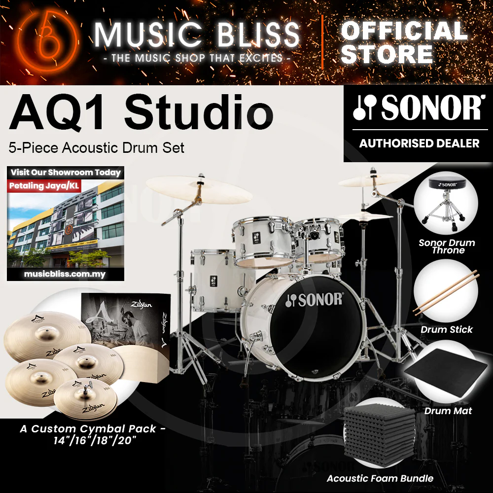 Sonor AQ1 Studio 5-Piece Acoustic Drum Set with Hardware - 20 Inch Bass Drum - Piano White - Image 7