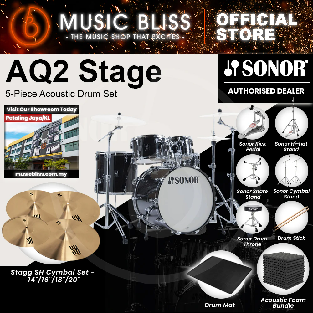 Sonor AQ2 Stage 5-Piece Acoustic Drum Set - 22 Inch Bass Drum - Transparent Stain Black - Image 3