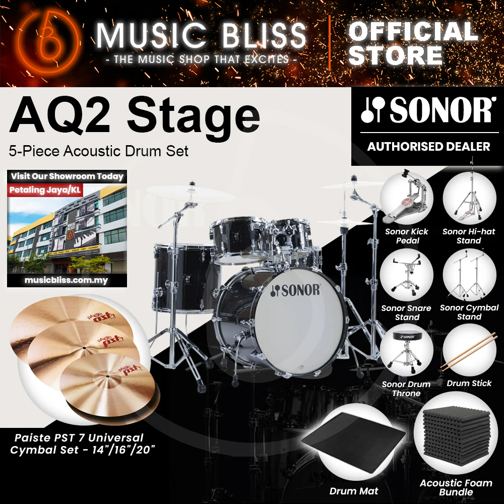 Sonor AQ2 Stage 5-Piece Acoustic Drum Set - 22 Inch Bass Drum - Transparent Stain Black - Image 4