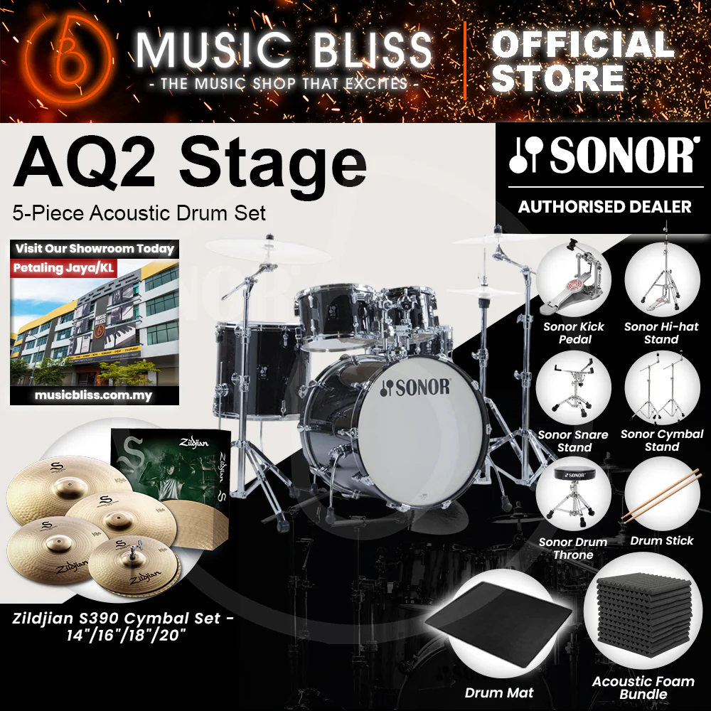 Sonor AQ2 Stage 5-Piece Acoustic Drum Set - 22 Inch Bass Drum - Transparent Stain Black - Image 5