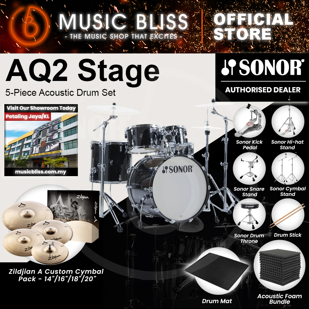 Sonor AQ2 Stage 5-Piece Acoustic Drum Set - 22 Inch Bass Drum - Transparent Stain Black - Image 7