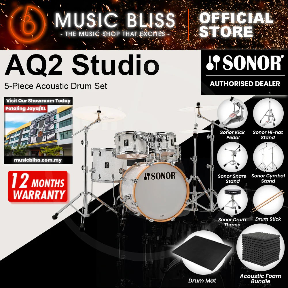 Sonor AQ2 Studio 5-Piece Acoustic Drum Set - 20 Inch Bass Drum - White Pearl - Image 2