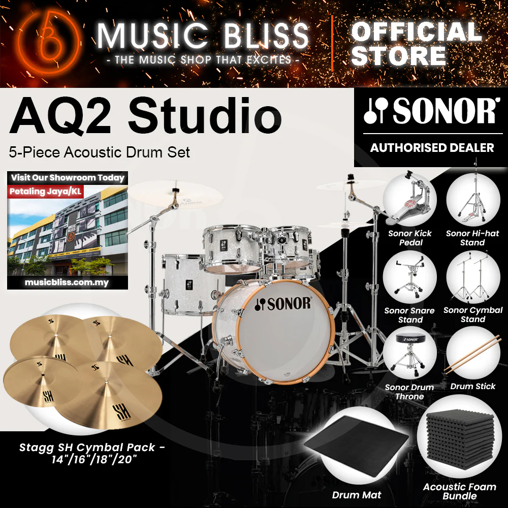 Sonor AQ2 Studio 5-Piece Acoustic Drum Set - 20 Inch Bass Drum - White Pearl - Image 3