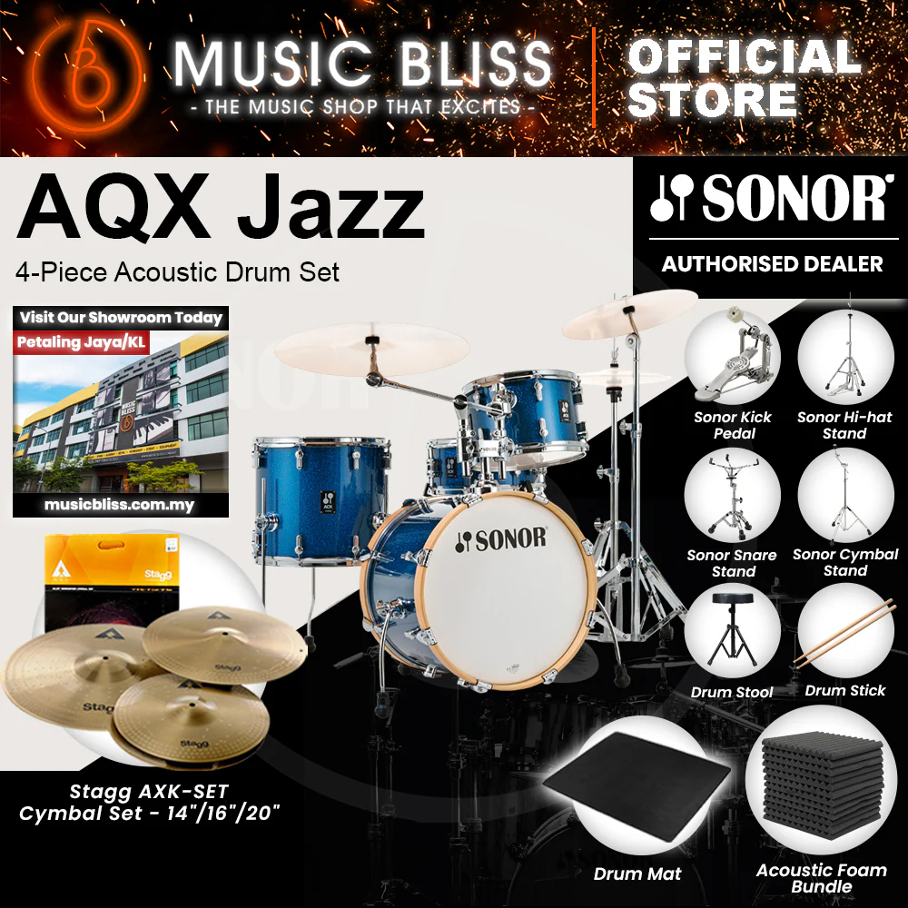 Sonor AQX Jazz 4-Piece Acoustic Drum Set - 18 Inch Bass Drum - Blue Ocean Sparkle - Image 3