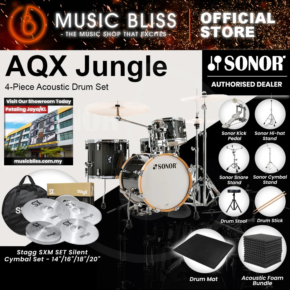 Sonor AQX Jungle 4-Piece Acoustic Drum Set - 16 Inch Bass Drum - Black Midnight Sparkle - Image 4