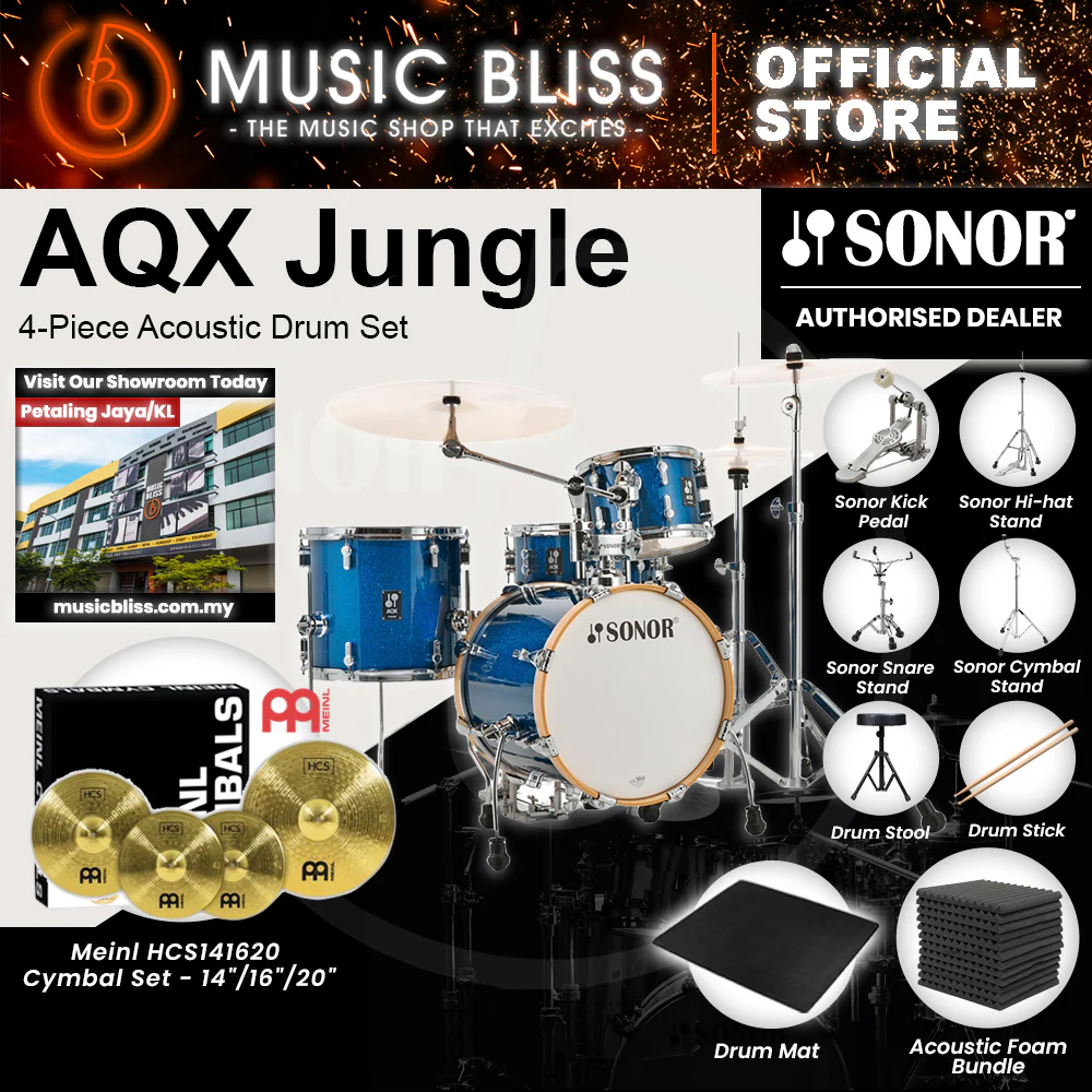 Sonor AQX Jungle 4-Piece Acoustic Drum Set - 16 Inch Bass Drum - Blue Ocean Sparkle - Image 10