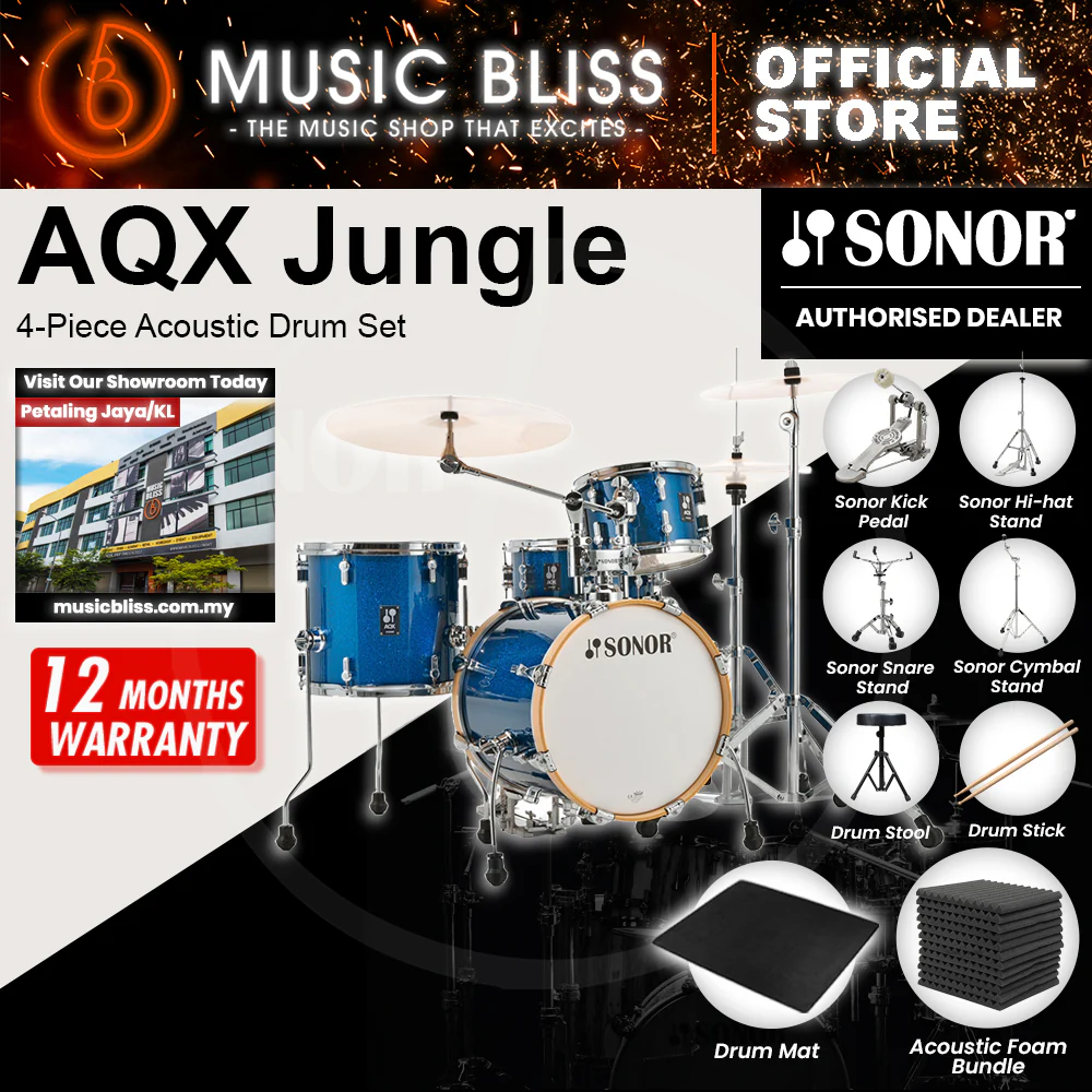 Sonor AQX Jungle 4-Piece Acoustic Drum Set - 16 Inch Bass Drum - Blue Ocean Sparkle - Image 2