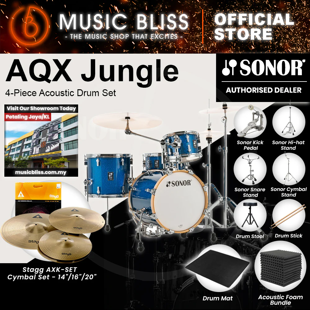 Sonor AQX Jungle 4-Piece Acoustic Drum Set - 16 Inch Bass Drum - Blue Ocean Sparkle - Image 3