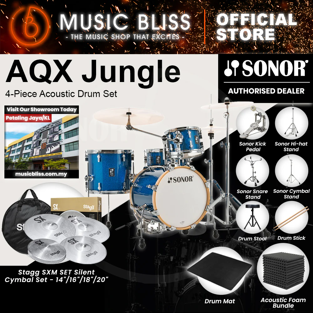 Sonor AQX Jungle 4-Piece Acoustic Drum Set - 16 Inch Bass Drum - Blue Ocean Sparkle - Image 4