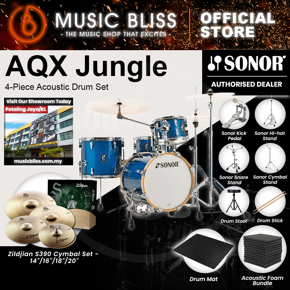 Sonor AQX Jungle 4-Piece Acoustic Drum Set - 16 Inch Bass Drum - Blue Ocean Sparkle - Image 7