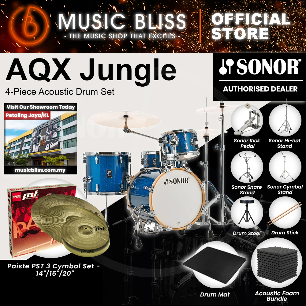 Sonor AQX Jungle 4-Piece Acoustic Drum Set - 16 Inch Bass Drum - Blue Ocean Sparkle - Image 9
