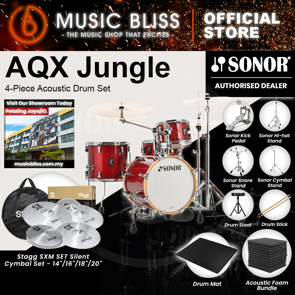 Sonor AQX Jungle 4-Piece Acoustic Drum Set - 16 Inch Bass Drum - Red Moon Sparkle - Image 4