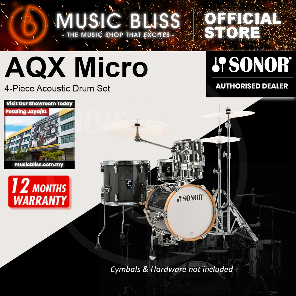 Sonor AQX Micro 4-Piece Acoustic Drum Set - 14 Inch Bass Drum - Black Midnight Sparkle