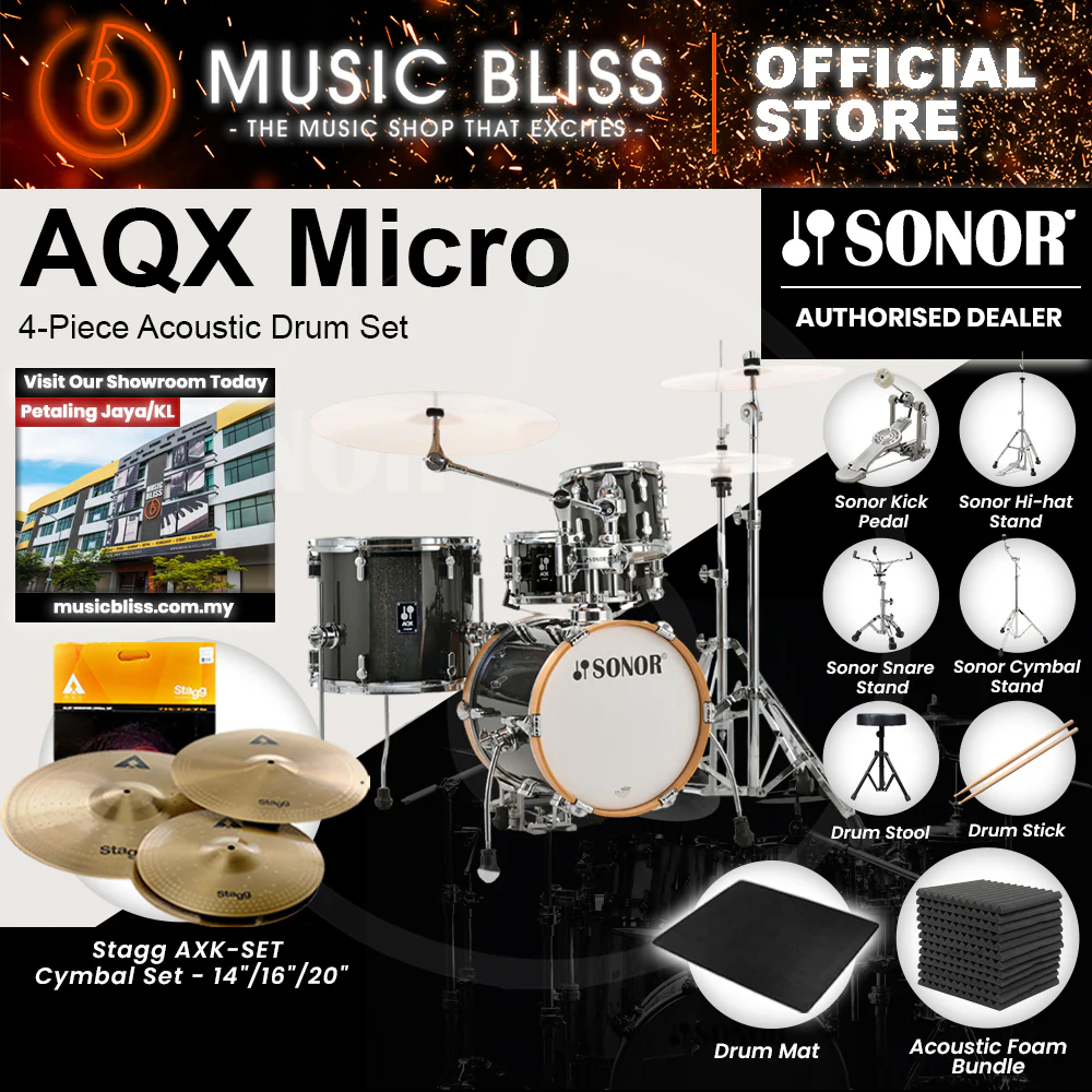 Sonor AQX Micro 4-Piece Acoustic Drum Set - 14 Inch Bass Drum - Black Midnight Sparkle - Image 3