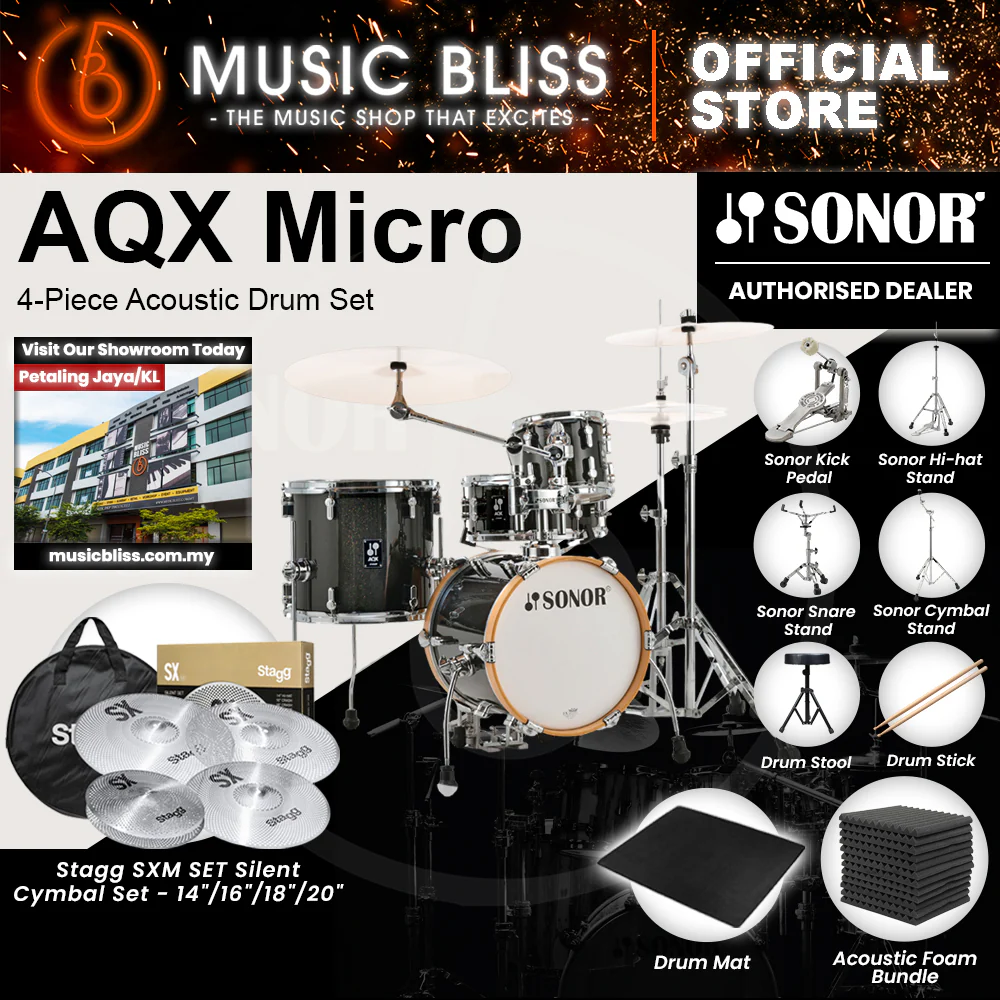 Sonor AQX Micro 4-Piece Acoustic Drum Set - 14 Inch Bass Drum - Black Midnight Sparkle - Image 4