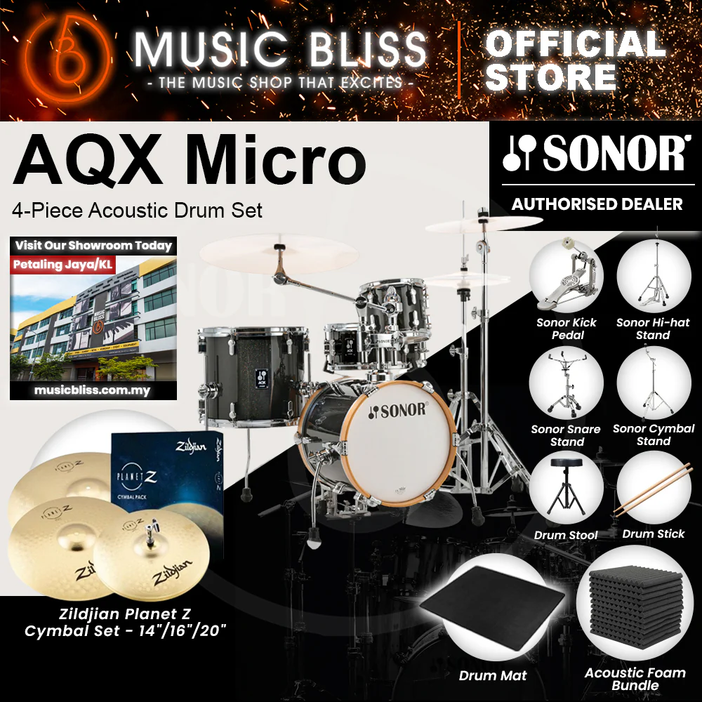 Sonor AQX Micro 4-Piece Acoustic Drum Set - 14 Inch Bass Drum - Black Midnight Sparkle - Image 5