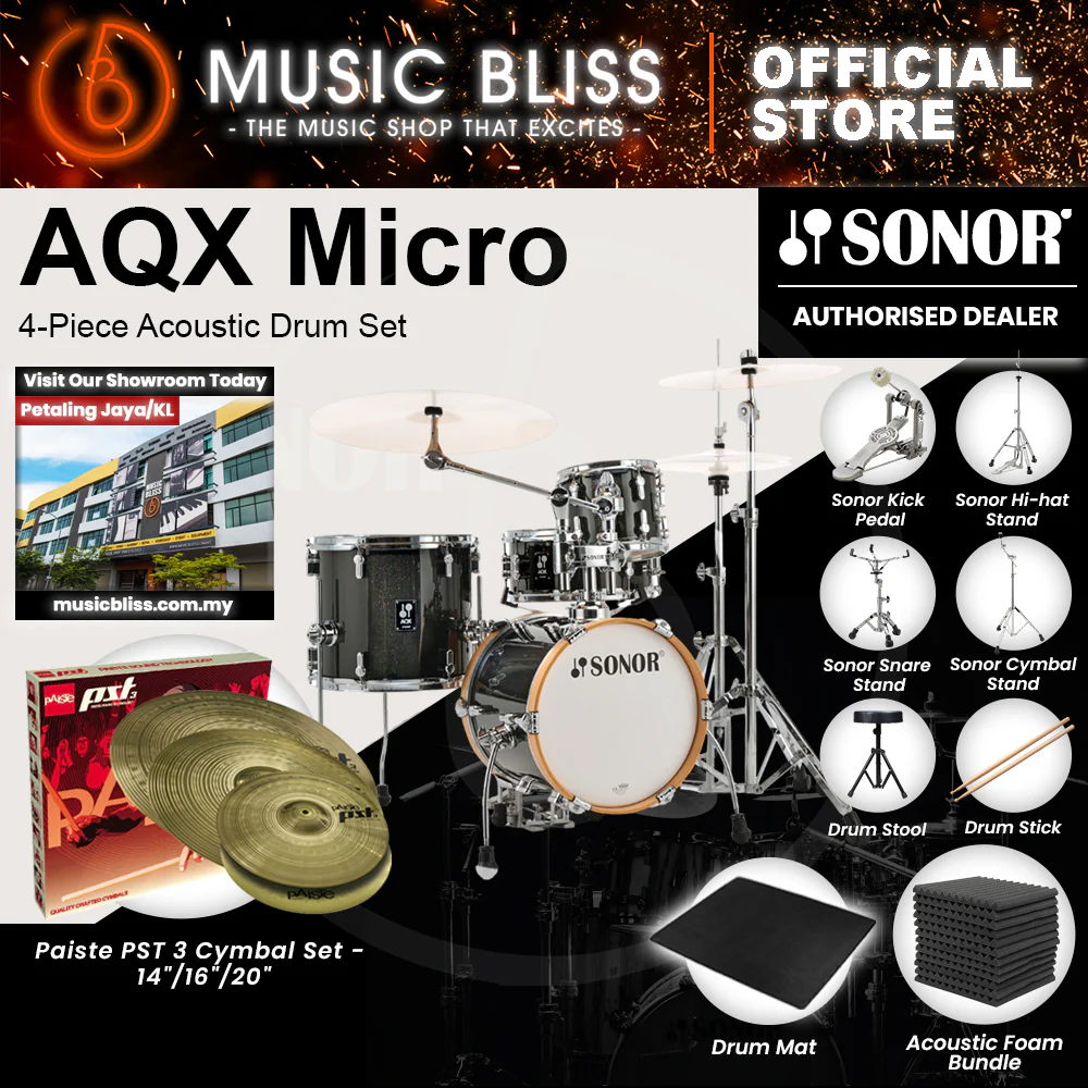 Sonor AQX Micro 4-Piece Acoustic Drum Set - 14 Inch Bass Drum - Black Midnight Sparkle - Image 9