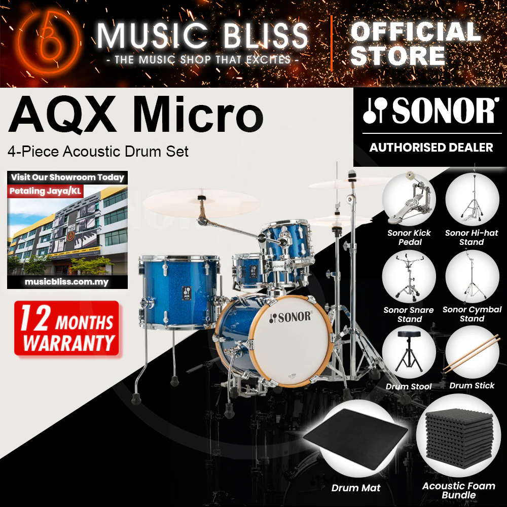 Sonor AQX Micro 4-Piece Acoustic Drum Set - 14 Inch Bass Drum - Blue Ocean Sparkle - Image 2