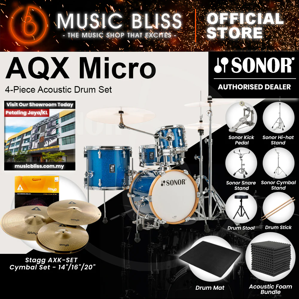 Sonor AQX Micro 4-Piece Acoustic Drum Set - 14 Inch Bass Drum - Blue Ocean Sparkle - Image 3