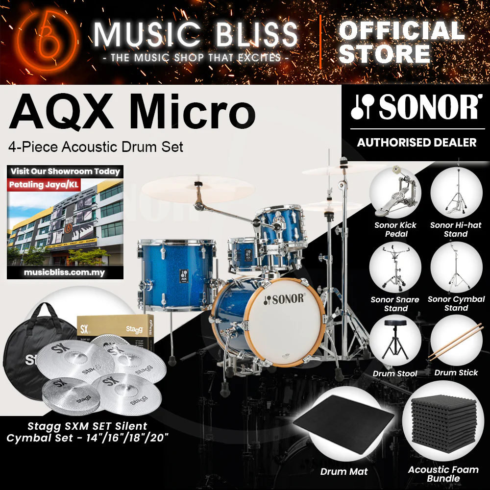 Sonor AQX Micro 4-Piece Acoustic Drum Set - 14 Inch Bass Drum - Blue Ocean Sparkle - Image 4