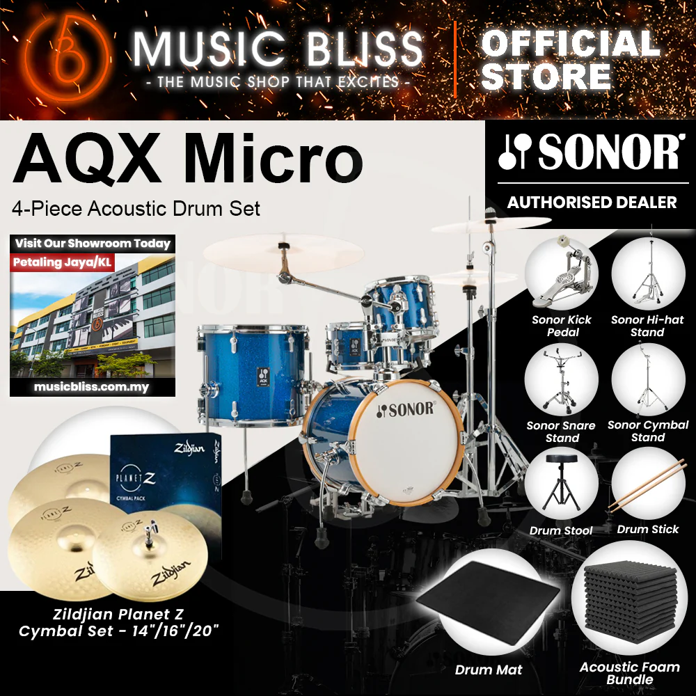 Sonor AQX Micro 4-Piece Acoustic Drum Set - 14 Inch Bass Drum - Blue Ocean Sparkle - Image 5