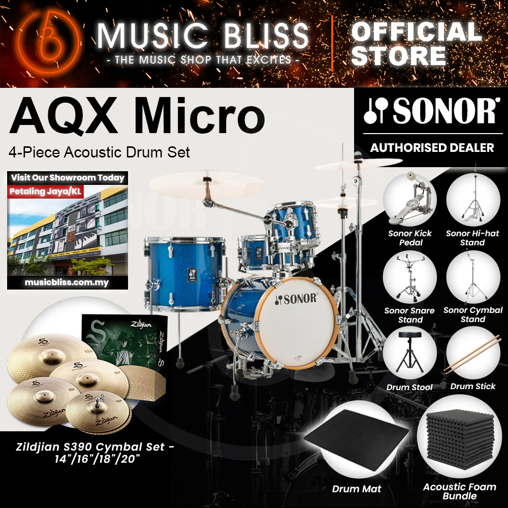 Sonor AQX Micro 4-Piece Acoustic Drum Set - 14 Inch Bass Drum - Blue Ocean Sparkle - Image 7
