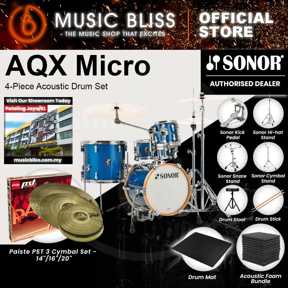 Sonor AQX Micro 4-Piece Acoustic Drum Set - 14 Inch Bass Drum - Blue Ocean Sparkle - Image 9