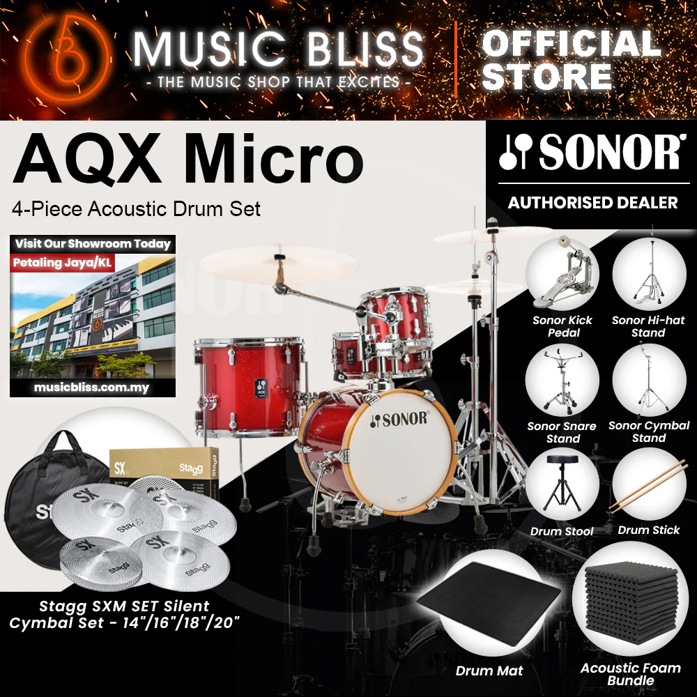 Sonor AQX Micro 4-Piece Acoustic Drum Set - 14 Inch Bass Drum - Red Moon Sparkle - Image 4