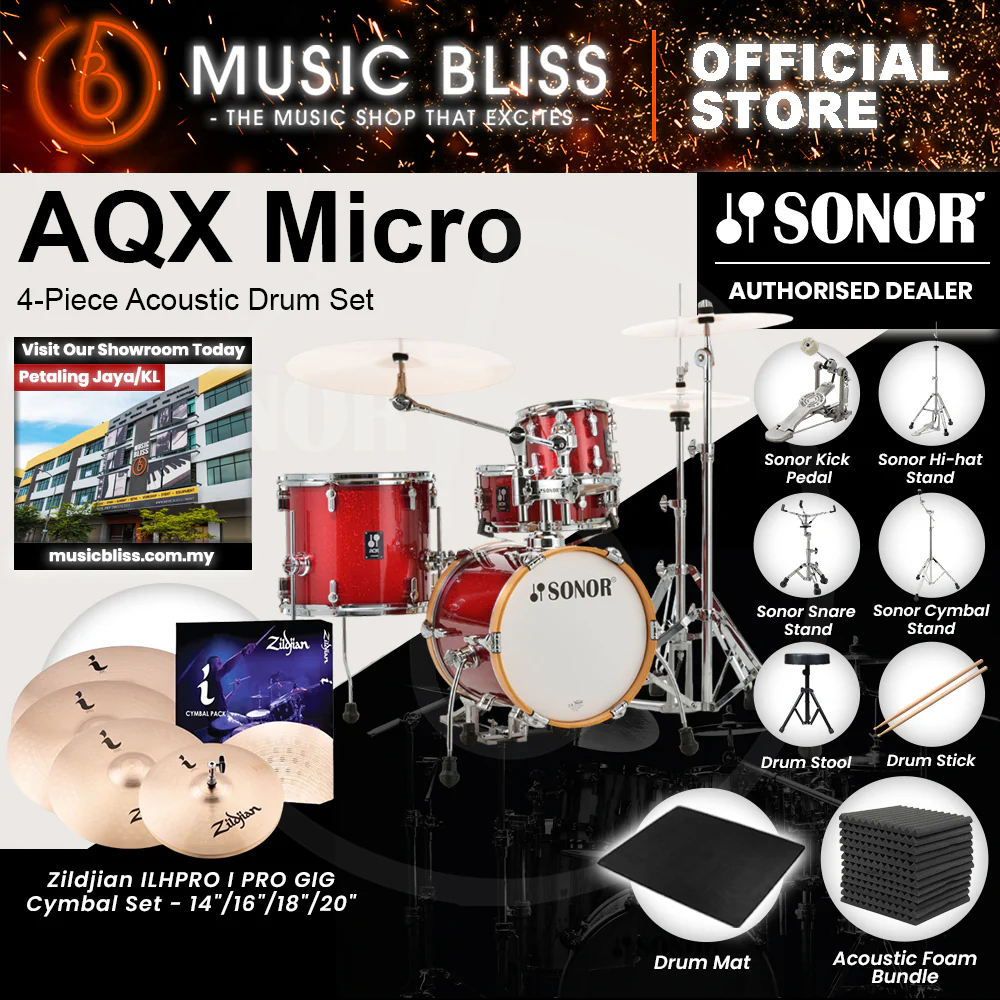 Sonor AQX Micro 4-Piece Acoustic Drum Set - 14 Inch Bass Drum - Red Moon Sparkle - Image 6