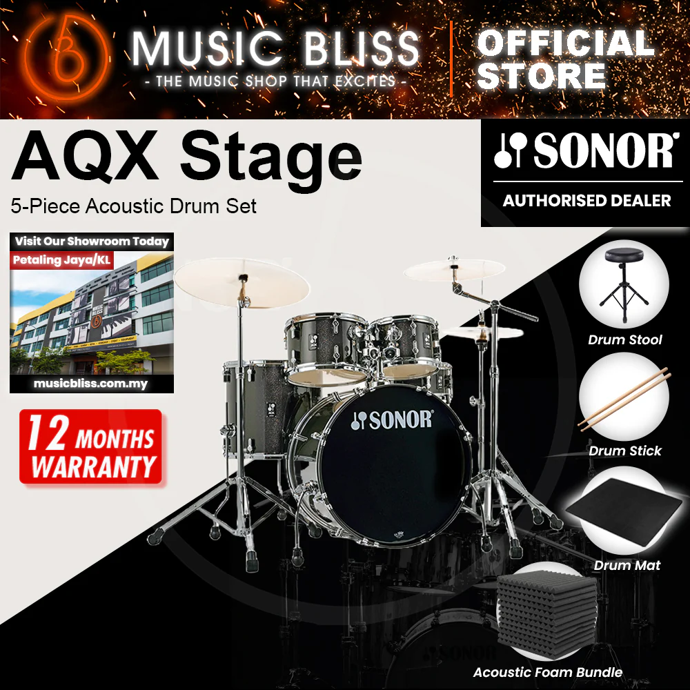 Sonor AQX Stage 5-Piece Acoustic Drum Set with Hardware - 22 Inch Bass Drum - Black Midnight Sparkle - Image 2